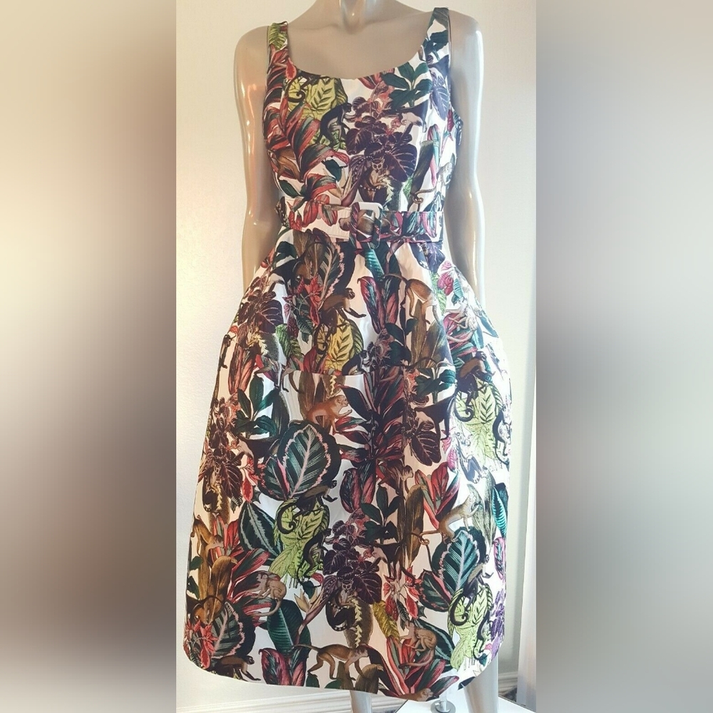 $5,000 NEW W. TAG OSCAR DE LA RENTA JUNGLE MONKEY MIDI RUNW DRESS 8 M - Picture 3 of 11
